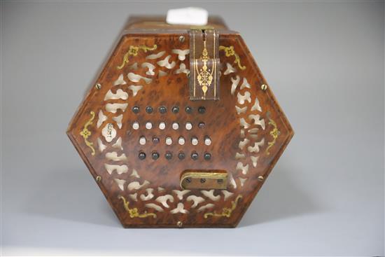 A 19th century Louis Lachenal Presentation cut brass inlaid thuya concertina,